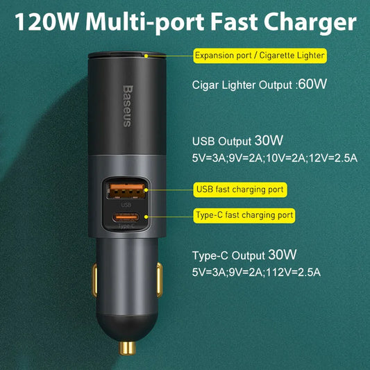 Baseus 120W Car Charger | QC4.0 + PD 3.0 Fast Charging | Dual USB Type-C Adapter