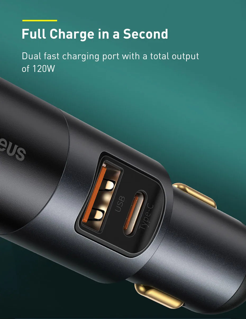 Baseus 120W Car Charger | QC4.0 + PD 3.0 Fast Charging | Dual USB Type-C Adapter
