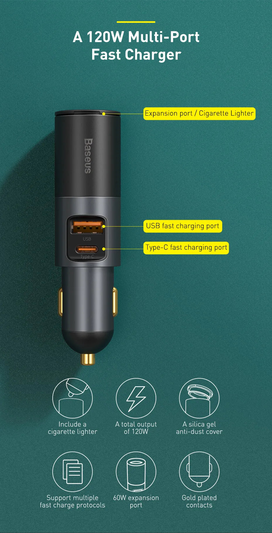 Baseus 120W Car Charger | QC4.0 + PD 3.0 Fast Charging | Dual USB Type-C Adapter