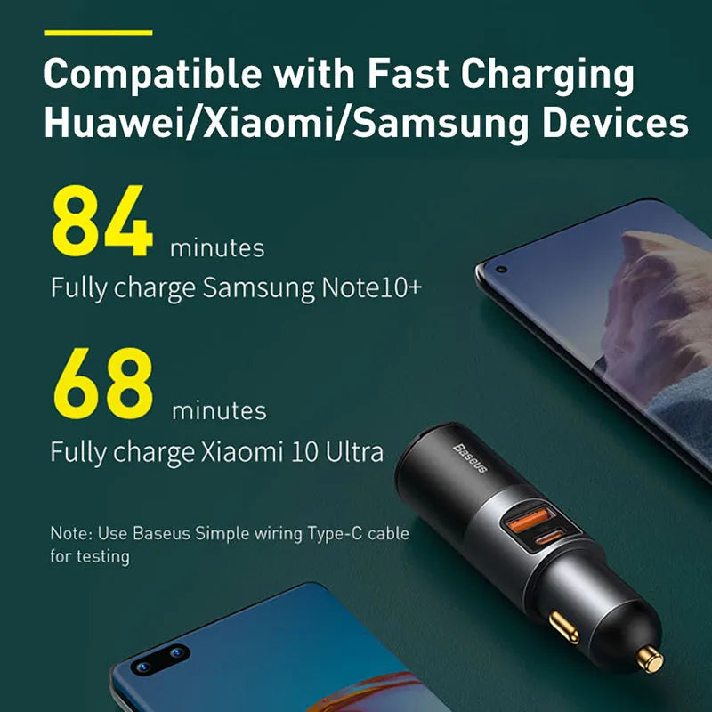 Baseus 120W Car Charger | QC4.0 + PD 3.0 Fast Charging | Dual USB Type-C Adapter