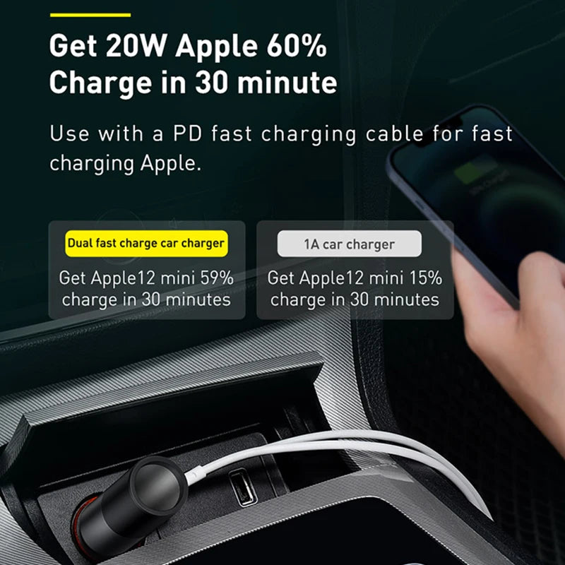 Baseus 120W Car Charger | QC4.0 + PD 3.0 Fast Charging | Dual USB Type-C Adapter