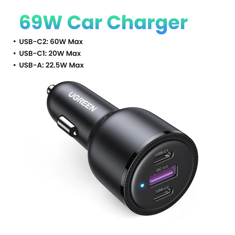 UGREEN 130W USB-C Car Charger – Fast Charging Adapter QC4.0 + PD3.0 for Phones, Laptops & Tablets