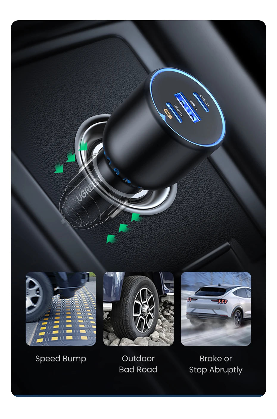 UGREEN 130W USB-C Car Charger – Fast Charging Adapter QC4.0 + PD3.0 for Phones, Laptops & Tablets