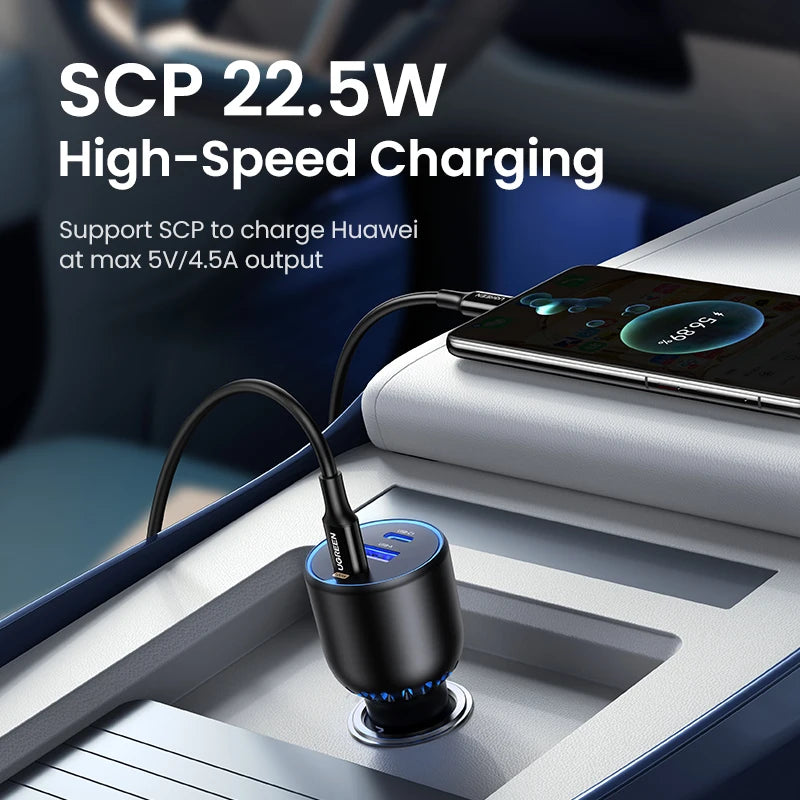 UGREEN 130W USB-C Car Charger – Fast Charging Adapter QC4.0 + PD3.0 for Phones, Laptops & Tablets