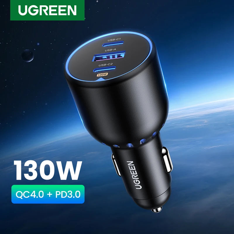 UGREEN 130W USB-C Car Charger – Fast Charging Adapter QC4.0 + PD3.0 for Phones, Laptops & Tablets