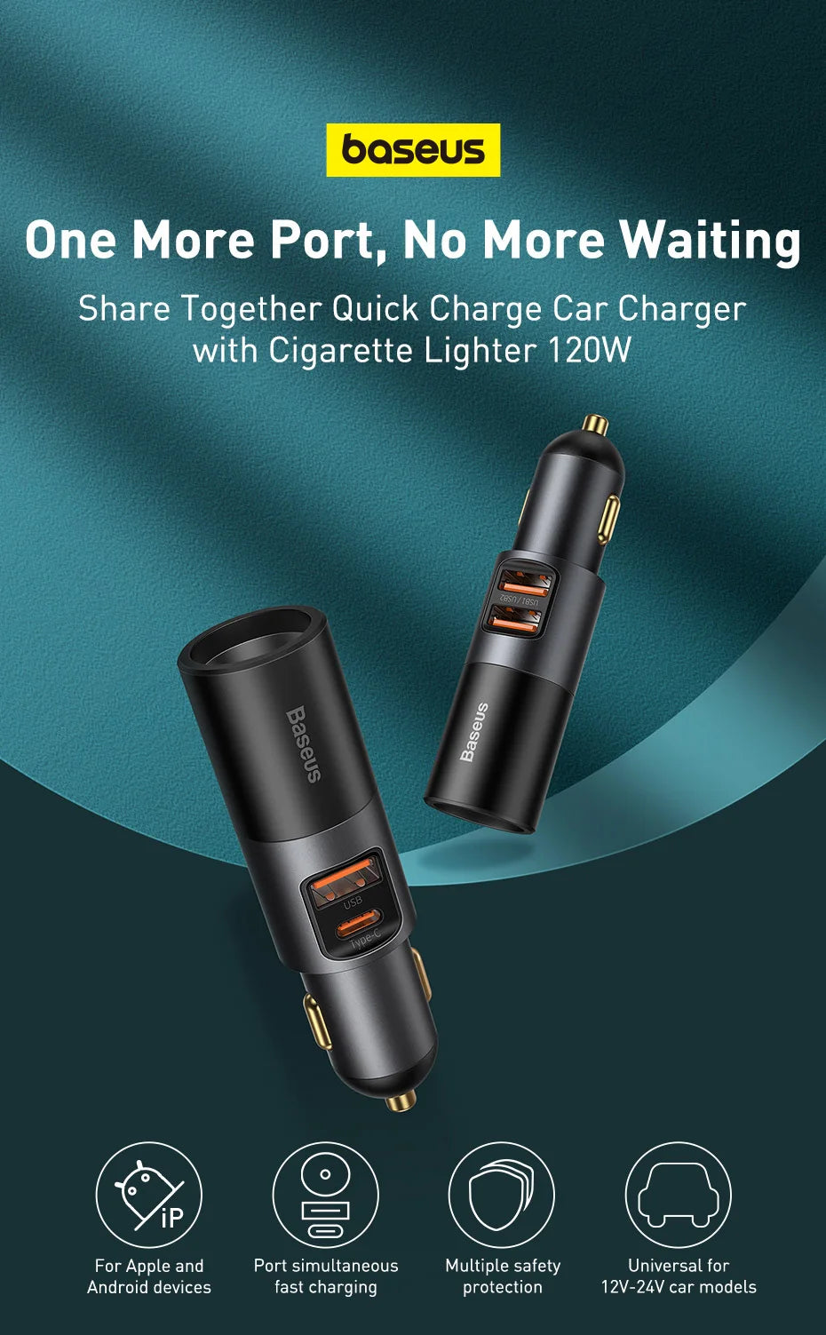 Baseus 120W Car Charger | QC4.0 + PD 3.0 Fast Charging | Dual USB Type-C Adapter