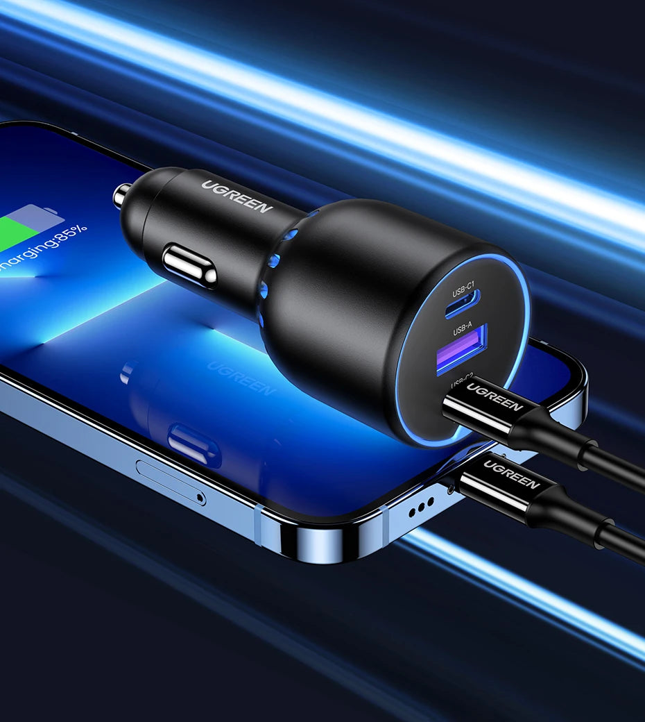 UGREEN 130W USB-C Car Charger – Fast Charging Adapter QC4.0 + PD3.0 for Phones, Laptops & Tablets