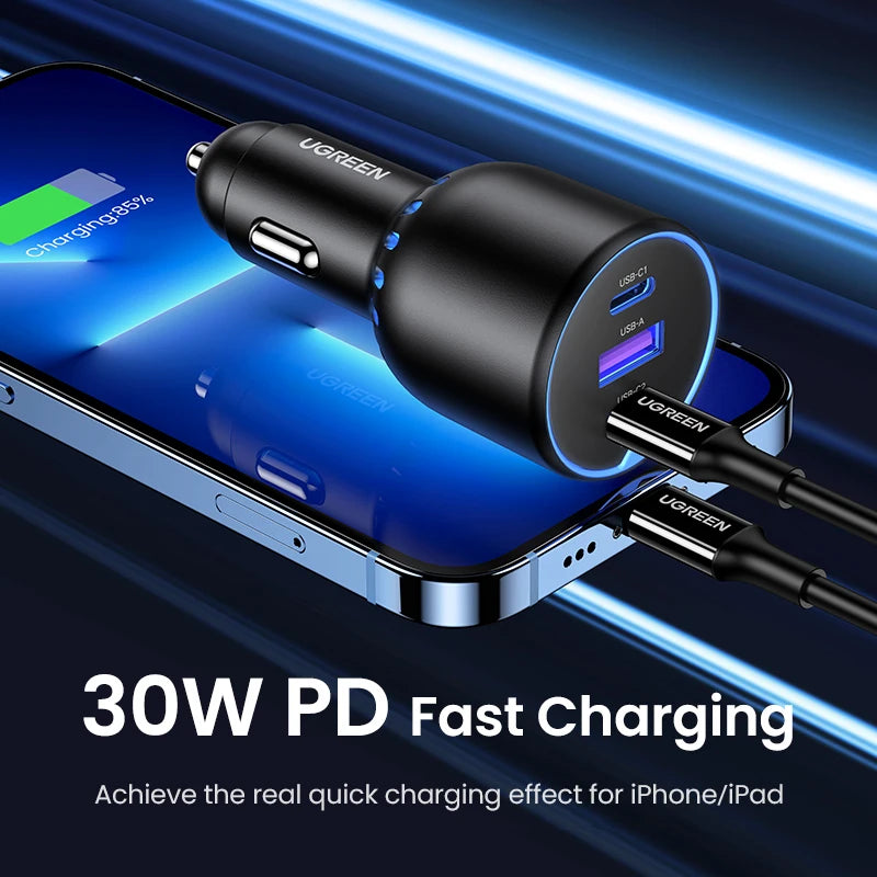 UGREEN 130W USB-C Car Charger – Fast Charging Adapter QC4.0 + PD3.0 for Phones, Laptops & Tablets