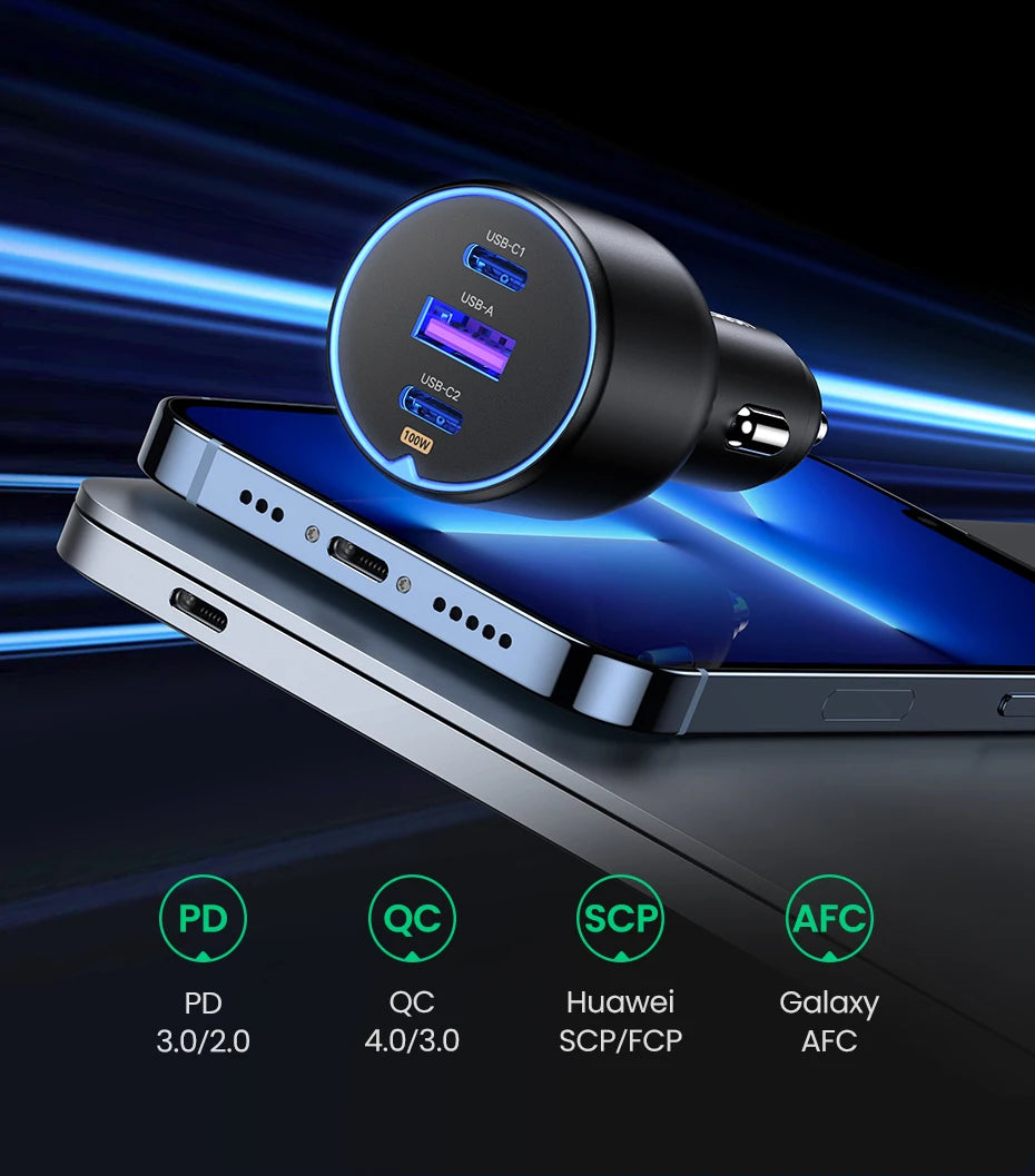 UGREEN 130W USB-C Car Charger – Fast Charging Adapter QC4.0 + PD3.0 for Phones, Laptops & Tablets