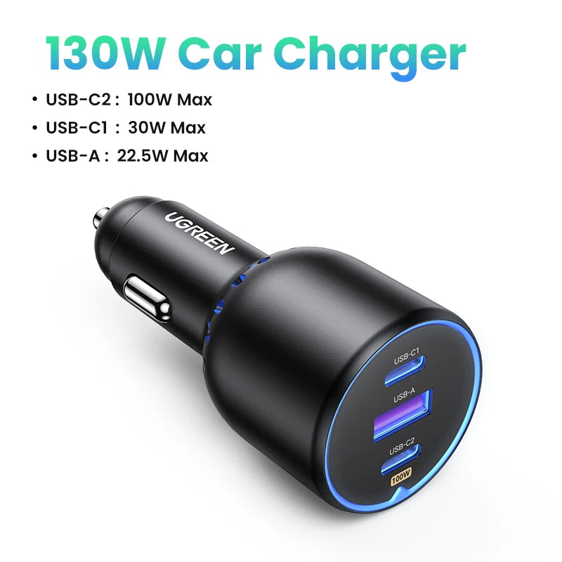 UGREEN 130W USB-C Car Charger – Fast Charging Adapter QC4.0 + PD3.0 for Phones, Laptops & Tablets
