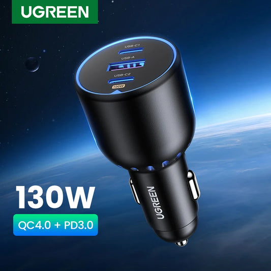UGREEN 130W USB-C Car Charger – Fast Charging Adapter QC4.0 + PD3.0 for Phones, Laptops & Tablets